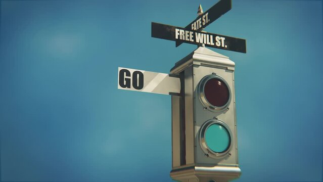 3D rendering of a traffic light symbolizing the dichotomy of free will vs fate.