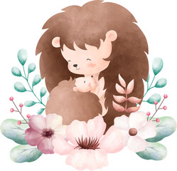 Watercolor illustration mom and baby hedgehog with flower wreath
