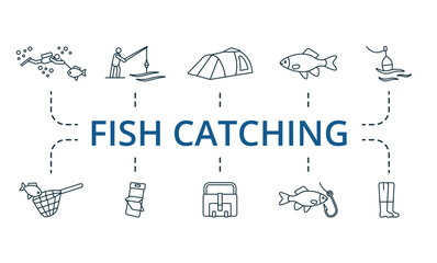 Fish catching outline set. Creative icons: spearfishing, fisherman, tent, fish, float, landing net, folding chair, fishing bag, fish on hook, fishing boots.