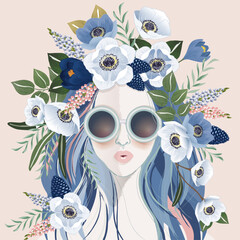 Vector illustration of a girl wearing sunglasses and with flowers in her hair