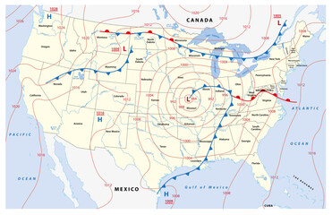 Fictional map of North America with isobars and weather fronts. Meteorological forecast.