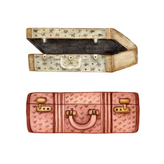 Set of cute old suitcases for traveling by car. Watercolor illustration