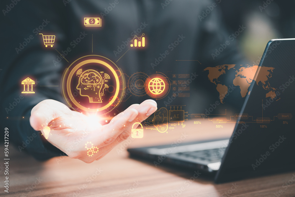 Poster businessman use laptop with cloud computing diagram show on hand. business concept of ai technology,