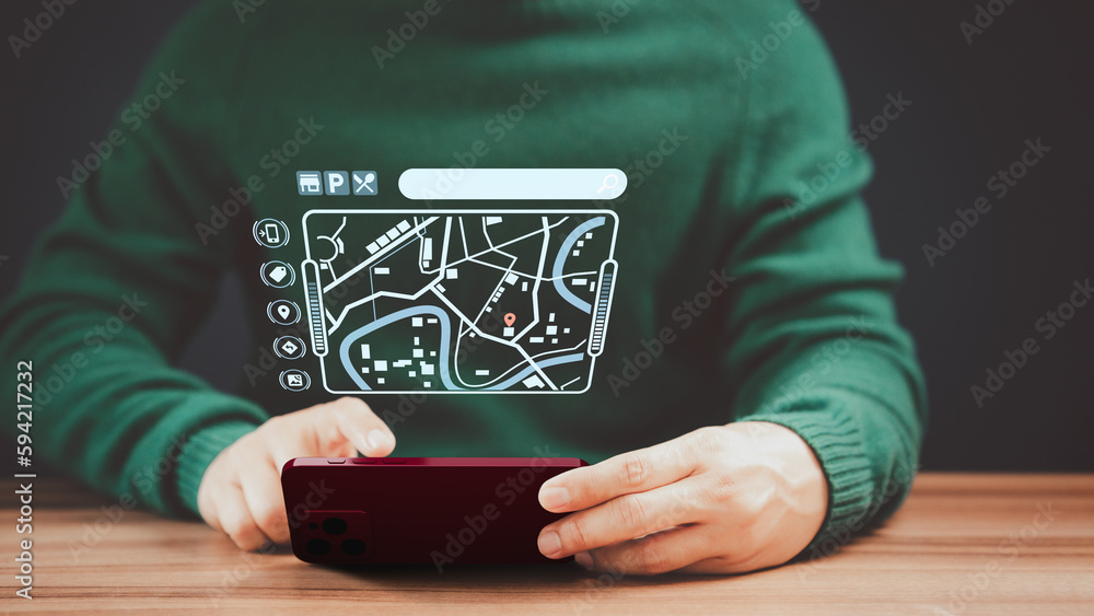 Poster Man searching for shop and restaurant information in city map from the smartphone. Concept of SEO search networking, Searching browsing internet data information and technology from mobile phone.