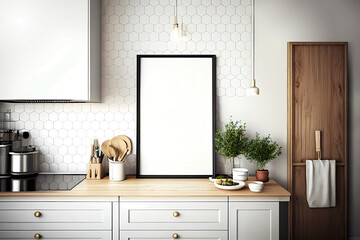 Kitchen in scandinavian style with empty poster mockup. Generative ai.