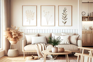Modern living room with beige boho interior design. Generative ai.