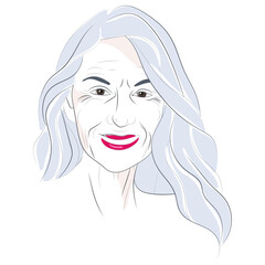 Vector hand drawn illustration of a smiling attractive beautiful elderly woman. Seasonal color analysis. Winter type of female appearance with gray hair 