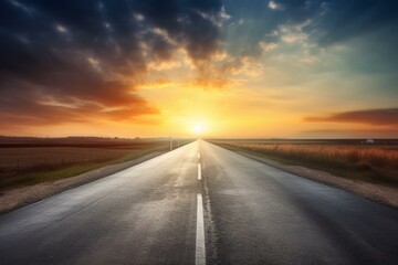 Fototapeta na wymiar beautiful sun rising sky with asphalt highways road in rural sce. Generative AI