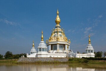 Pond in front of Maha Rattana Chedi of Wat Thung Setthi, Khon Kaen, Isan, Thailand, Asia