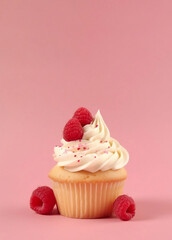 Vanilla cupcake with whipped cream, garnished with fresh raspberries in a paper cup on a bright pink background. Generative AI.