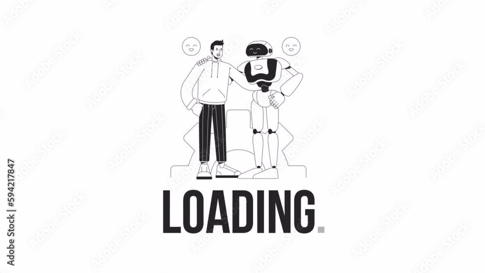 Poster human-ai hybrid bw loader animation. ai human augmentation. flash message 4k video footage. isolated