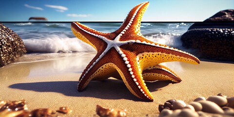 Starfish and seashell on the summer beach in sea water. Summer time. Ai generative