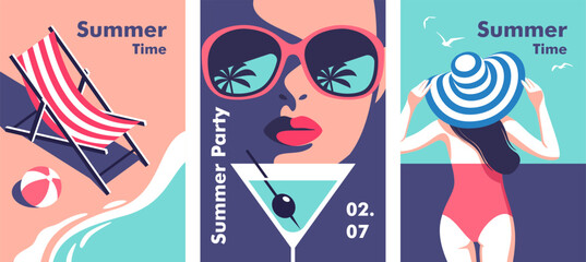 Summer time. Concept of summer party and travel. Perfect background on the theme of season vacation, weekend, beach. Vector illustration in minimalistic style for posters, cover art, flyer, banner.