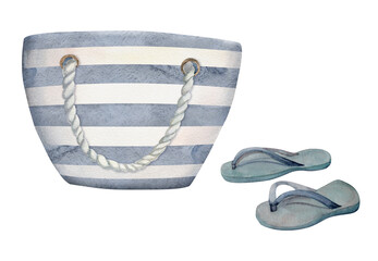 Hand drawn watercolor elements. Striped beach canvas bag, accessories, flip-flop sandals. Isolated on white background. Design wall art, wedding, print, fabric, cover, card, tourism, travel booklet.