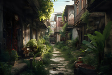 Fototapeta premium Illustration of a Post Apocalyptic Neighborhood - generative ai