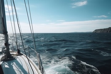 Fototapeta na wymiar View from a sailboat on the sea. Generative AI