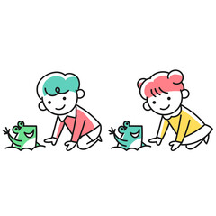 地面から出てきたカエルを見つけた女の子と男の子