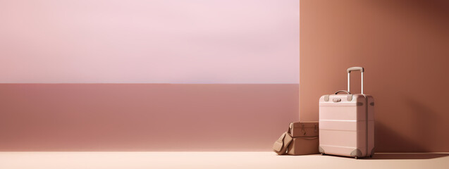 Sandy travel suitcase, on beige background. Trip concept. Generative AI