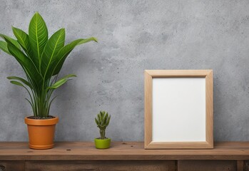 Frame mockup on table with potted plant. Generative ai