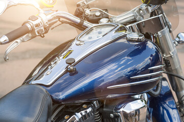 Fototapeta na wymiar Motorcycle engine closeup. chrome engine parts. Shiny smooth details.