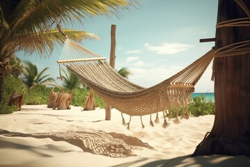 Youthful Escape: Vibrant Hammock on the Beach with Trees and Sea Water - obrazy, fototapety, plakaty