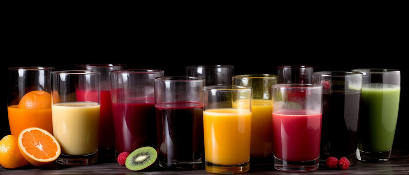 Various of juices with aesthetic arrangement on black background.