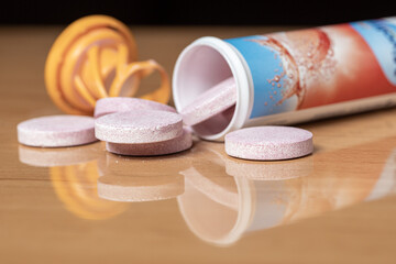 Multivitamin effervescent tablets. Soluble tablets of vitamin C. Calcium vitamin. Medicine concept. Immunity.