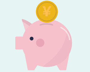 豚の貯金箱にお金を入れる。お金を貯める、貯金。ベクターイラスト