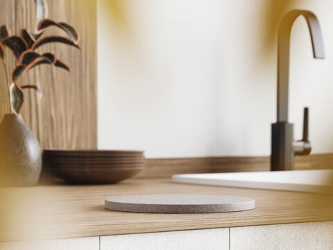 3d granite display podium with plant vase, faucet and sink on wooden counter bar in the kitchen. 3d rendering of realistic presentation for product advertising. 3d minimal illustration.