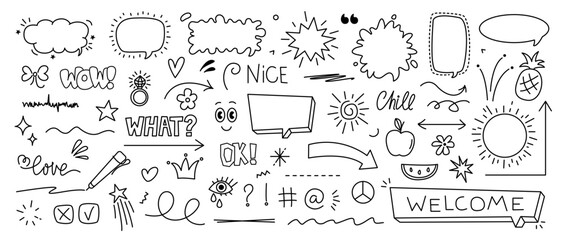 Sketch set of speech bubbles, arrows, underline, emphasis, phrases. Hand drawn brush stroke, highlight, underline, sparkle element, sunburst. Text design elements, symbols. Vector illustration.