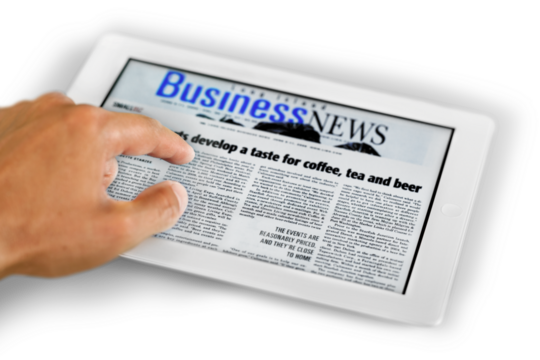Man with  digital tablet and business news on on background