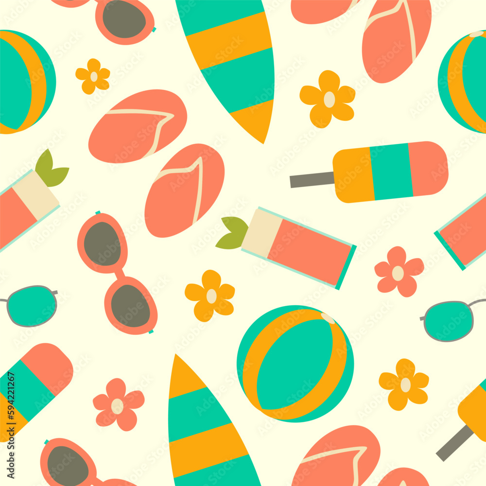 Poster Summer vector pattern with summer leisure objects in a flat style on a simple background.