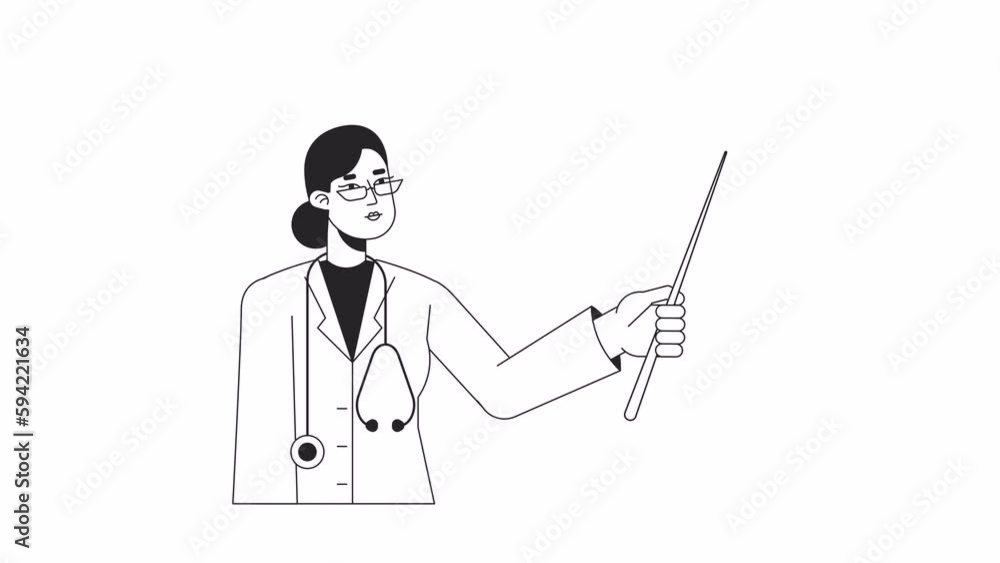 Poster doctor holds pointer bw animation. physician with stethoscope isolated 2d flat monochromatic thin li