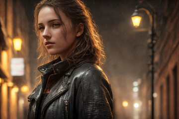 Portrait of a beautiful woman on the back street of the night city with lights, rainy weather. Generative AI.