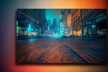 A picture of night city street in futuristic digital reality, skyscrapers and street lights. Generative AI.