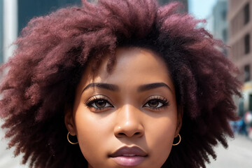 Fototapeta premium A beautiful african american woman portrait, city street as background. Generative AI.