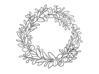 Floral circle wreath line art drawing on white background. Eucalyptus leaves minimal outline. Wedding Vector illustration. 