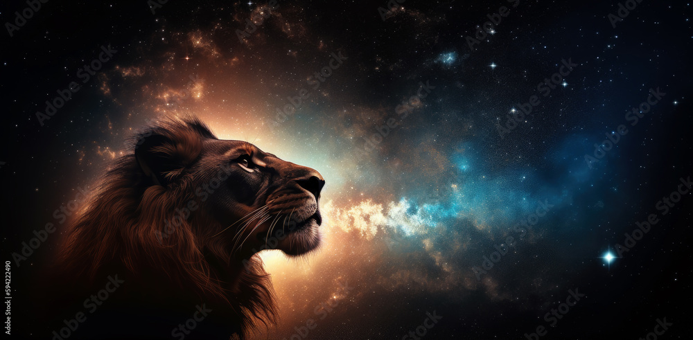 Poster lion in cosmic space. gnerative ai.
