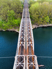Aerial view of metal railway bridge