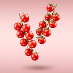 Branches with small red cherry tomatoes floating on pink background.