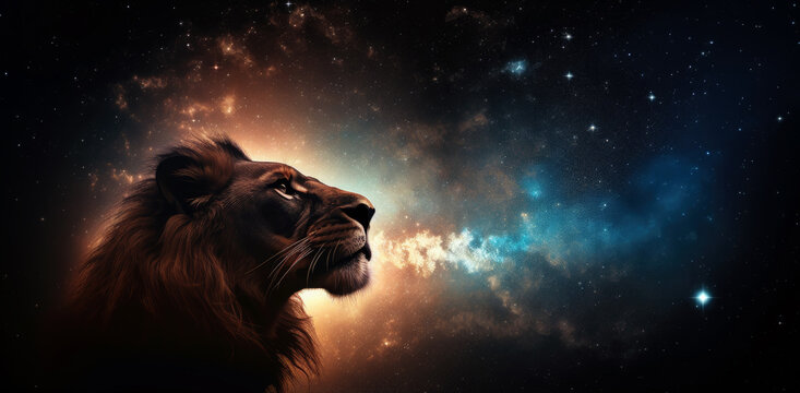 Lion in cosmic space. gnerative ai.