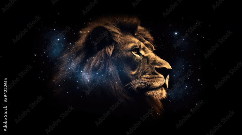 Poster lion in cosmic space. gnerative ai.