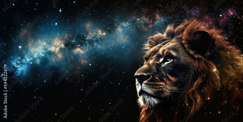 Poster lion in cosmic space. gnerative ai.