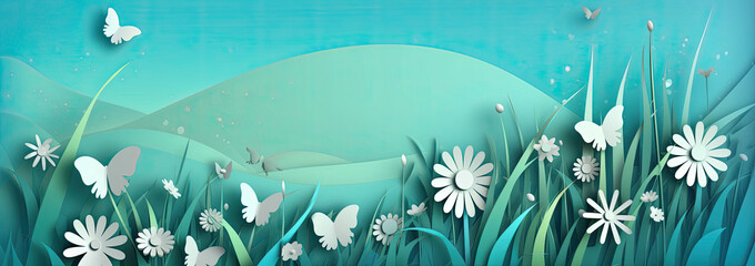 Blue sky, white flowers and clouds depicting a scene of Spring. Generative AI