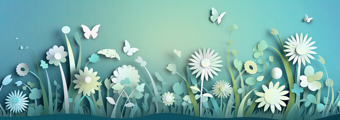 Blue sky, white flowers and clouds depicting a scene of Spring. Generative AI