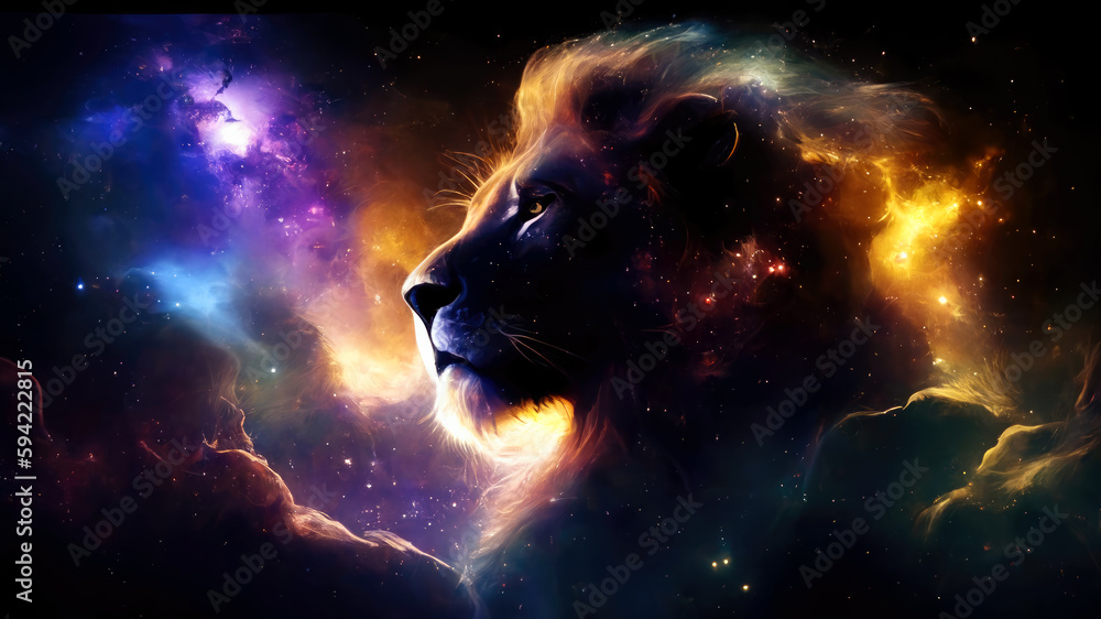 Poster lion in cosmic space. gnerative ai.