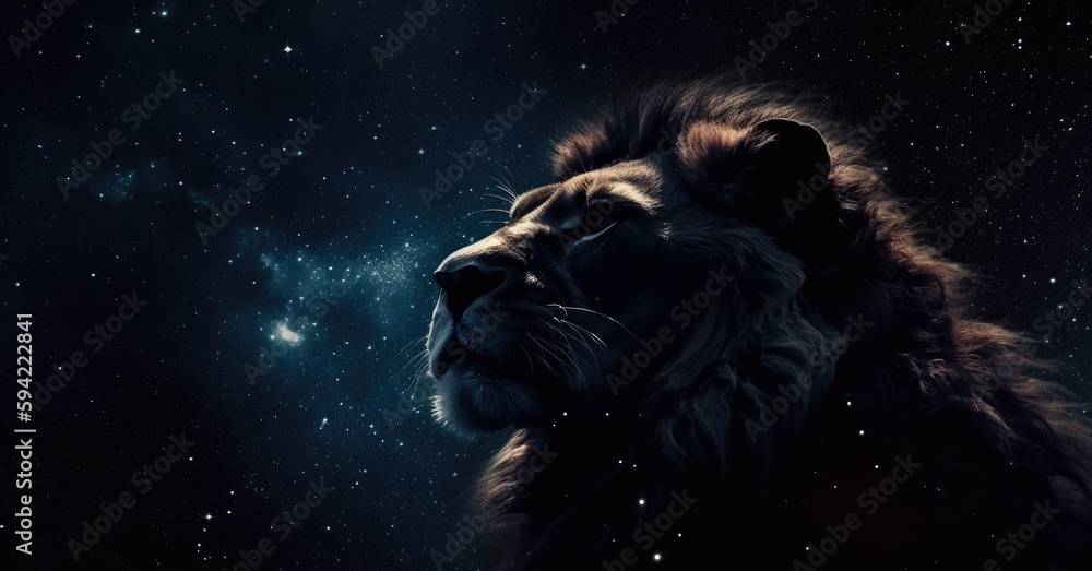 Poster lion in cosmic space. gnerative ai.