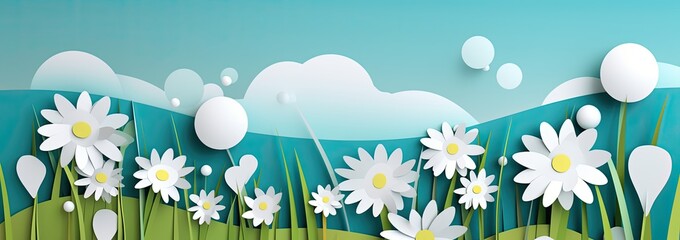 Fototapeta na wymiar Blue sky, white flowers and clouds depicting a scene of Spring. Generative AI