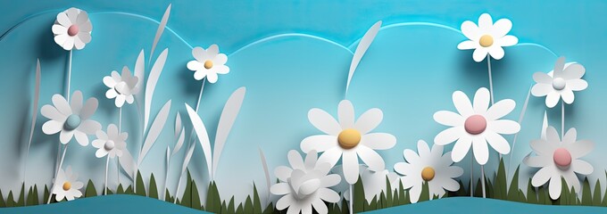 Blue sky, white flowers and clouds depicting a scene of Spring. Generative AI