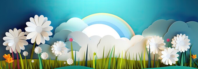 Blue sky, white flowers and clouds depicting a scene of Spring. Generative AI